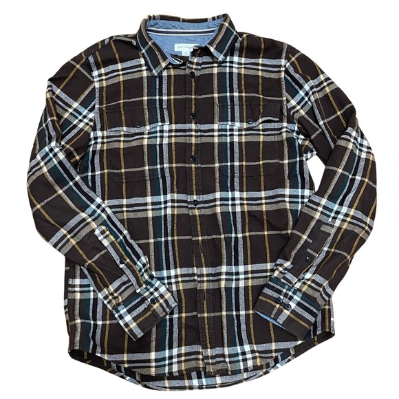 Sun Stone Mens Plaid Flannel Shirt Brown White Green Medium Button Up Casual - Picture 1 of 5